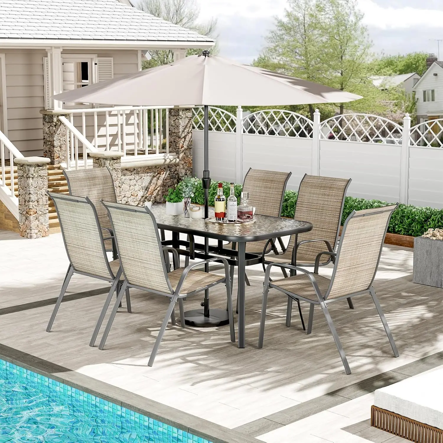 All-weather Brown Patio Dining Set with Stackable Chairs and Umbrella Hole for Outdoor Use
All-weather Brown Patio Dining Set with Stackable Chairs and Umbrella Hole for Outdoor Use