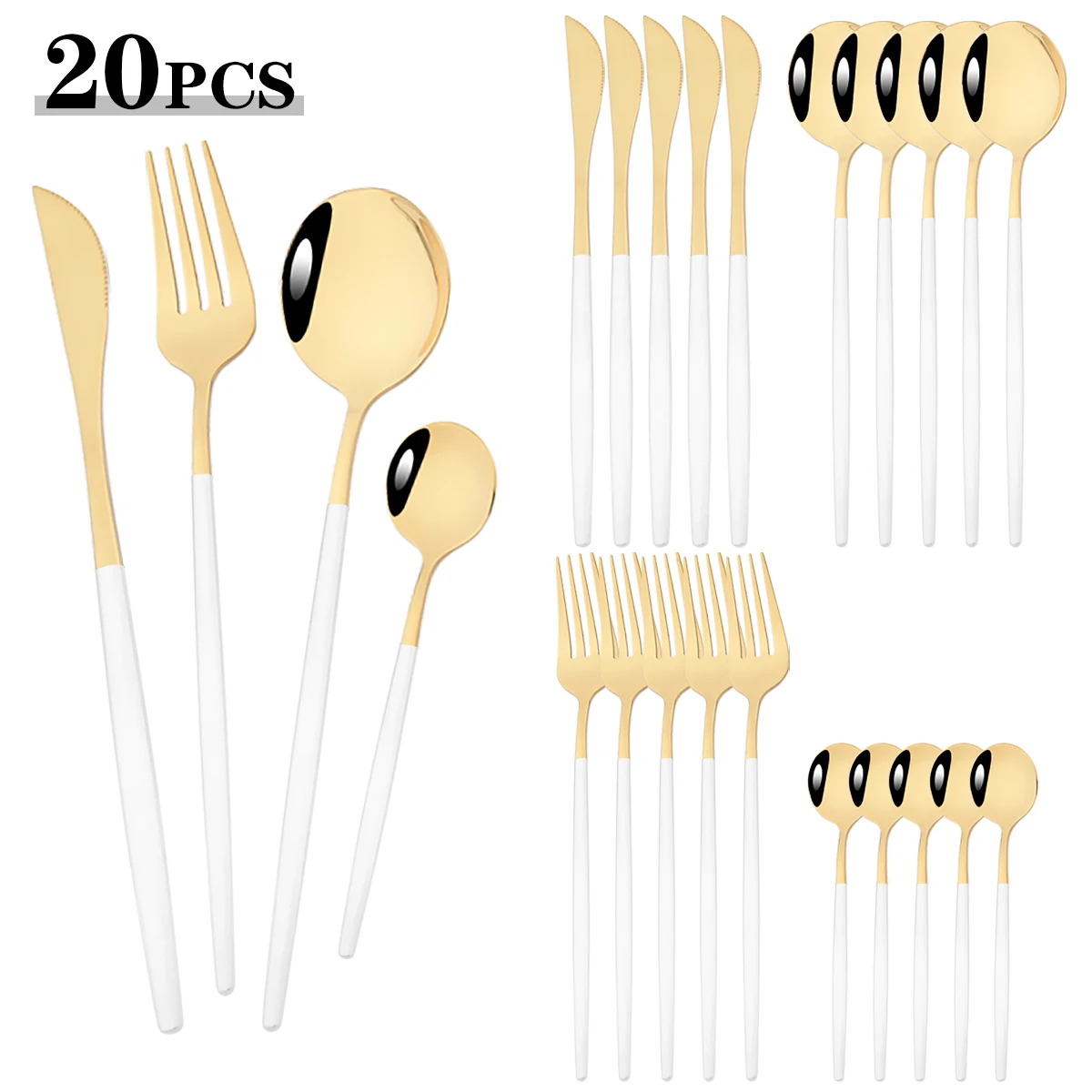 20pcs Knife Fork Coffee Spoon Dinnerware White Gold Cutlery Set Mirror Stainless Steel Flatware Party Western Kitchen Tableware
20pcs Knife Fork Coffee Spoon Dinnerware White Gold Cutlery Set Mirror Stainless Steel Flatware Party Western Kitchen Tableware
