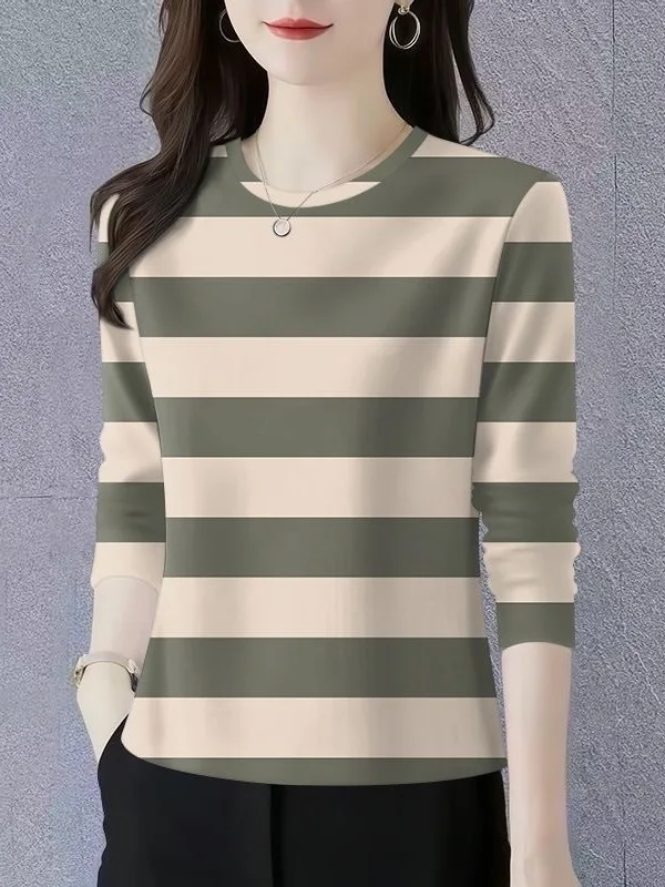 Elegant Striped Long Sleeve round Neck T-Shirt Women Loose Slimming Cover-Up Versatile Base Layer Shirt for Middle-Aged Women
Elegant Striped Long Sleeve round Neck T-Shirt Women Loose Slimming Cover-Up Versatile Base Layer Shirt for Middle-Aged Women