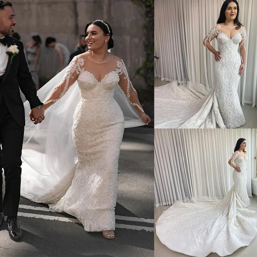 Customized Full Lace Appliques Mermaid Wedding Dress Vestido De Casamento Chapel Train Full Sleeves Vintage Bridal Gowns
Customized Full Lace Appliques Mermaid Wedding Dress Vestido De Casamento Chapel Train Full Sleeves Vintage Bridal Gowns