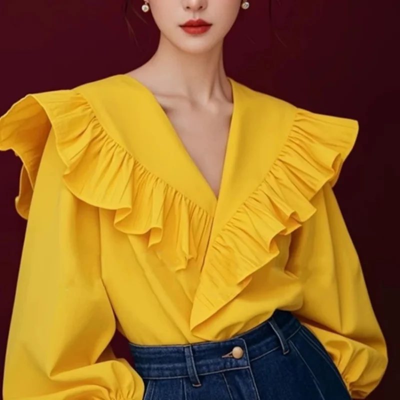 British Retro Yellow Long Sleeve Party Dresses Shirts Sweet Ruffled Edge Splicing Lapel Shirts All-match Fashion Female Camisas
British Retro Yellow Long Sleeve Party Dresses Shirts Sweet Ruffled Edge Splicing Lapel Shirts All-match Fashion Female Camisas