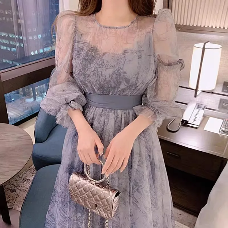Summer Korean Fashion Print Mesh Dress Waist Lace-Up Round Neck Puff Sleeve Mid-Length A-Line Dresses Dark Blue Brown Vestidos
Summer Korean Fashion Print Mesh Dress Waist Lace-Up Round Neck Puff Sleeve Mid-Length A-Line Dresses Dark Blue Brown Vestidos