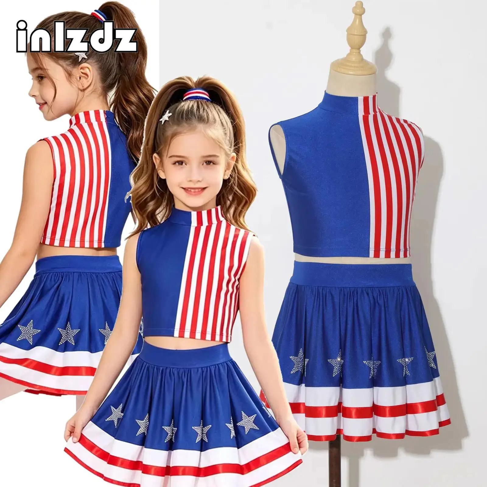 Kids Girls Rhinestone Stars Striped Dance Sets Sleeveless Crop Top with Skirt for Cheer Ballet Modern Jazz Performance Costume
Kids Girls Rhinestone Stars Striped Dance Sets Sleeveless Crop Top with Skirt for Cheer Ballet Modern Jazz Performance Costume