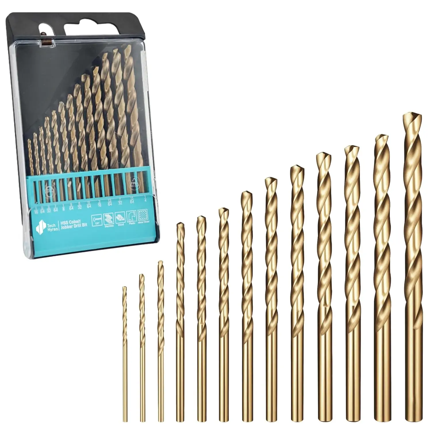 Techhyren 13Pcs Cobalt Drill Bit Set, 1/16"-1/4" M35 High Speed Steel Twist Jobber Drill Bits Set for Hardened Metal, Stainless Steel, Cast Iron, Wood, Plastic, with Index Storage Case
Techhyren 13Pcs Cobalt Drill Bit Set, 1/16"-1/4" M35 High Speed Steel Twist Jobber Drill Bits Set for Hardened Metal, Stainless Steel, Cast Iron, Wood, Plastic, with Index Storage Case