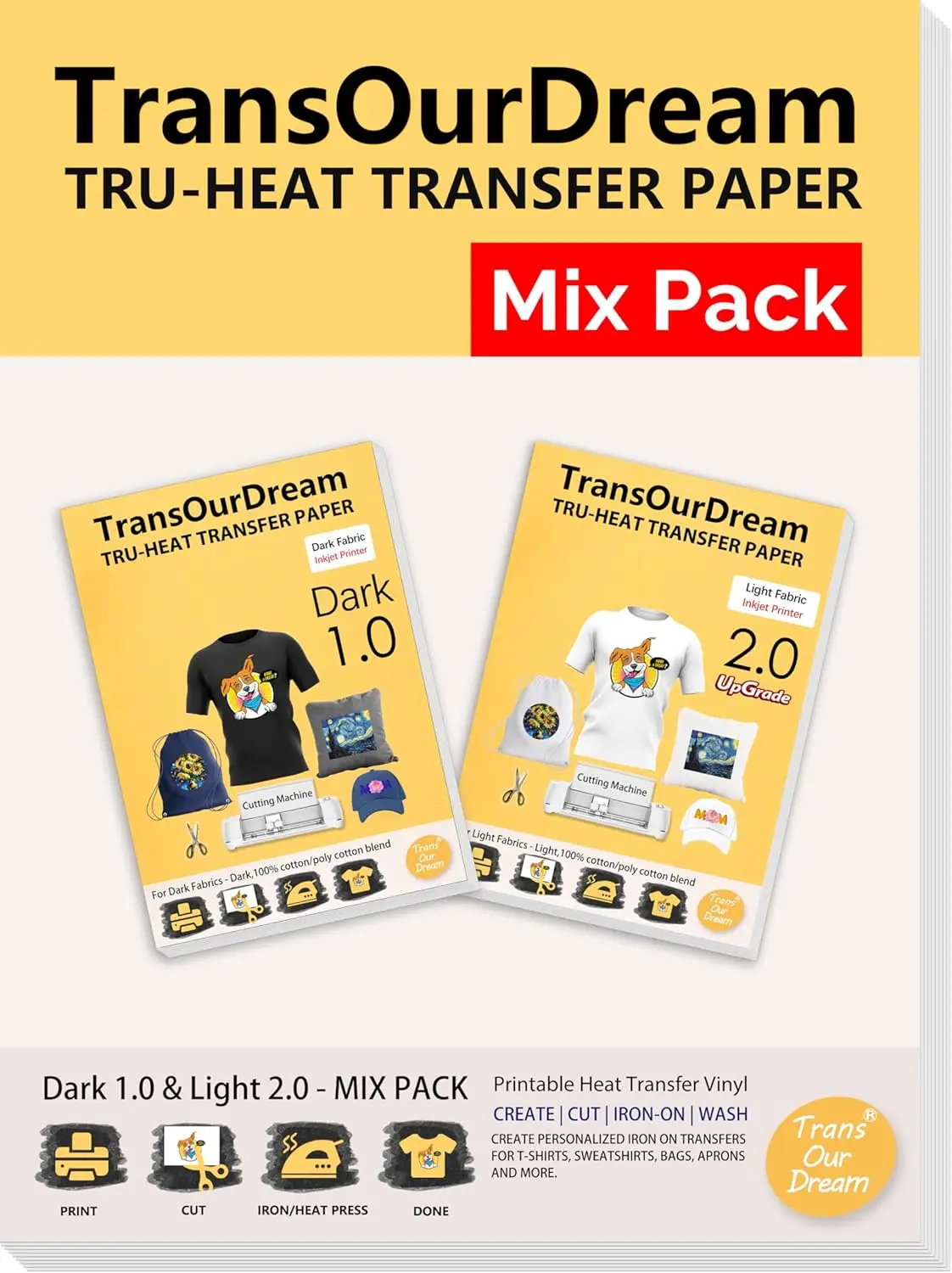Heat Transfer Paper for Dark & Light T-Shirts, 5+5 Sheets, 8.5x11, Iron On Transfers for Inkjet Printers
Heat Transfer Paper for Dark & Light T-Shirts, 5+5 Sheets, 8.5x11, Iron On Transfers for Inkjet Printers