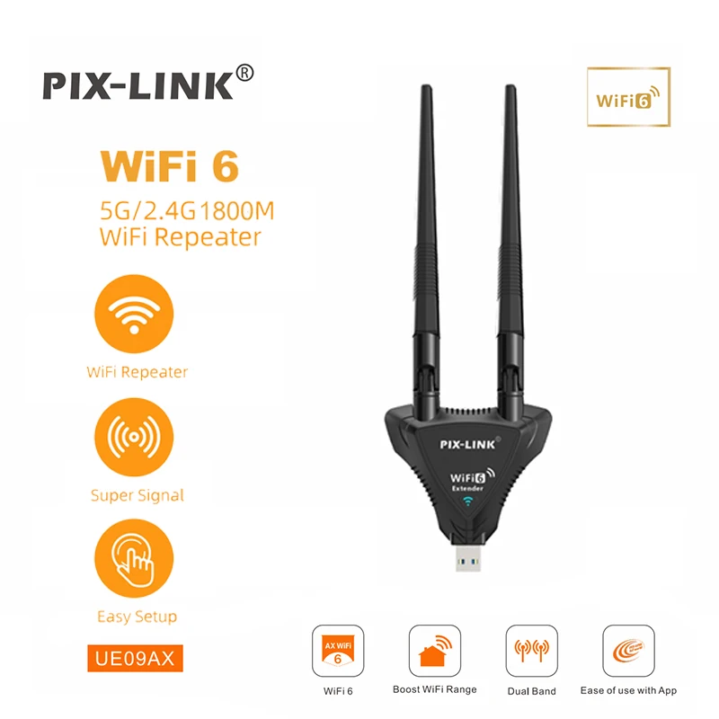 PIX-LINK 1800Mbps UE09AX WiFi 6 Range Extender USB Plug Play Dual Band 2.4G/5G Repeater WiFi Range Extender
PIX-LINK 1800Mbps UE09AX WiFi 6 Range Extender USB Plug Play Dual Band 2.4G/5G Repeater WiFi Range Extender