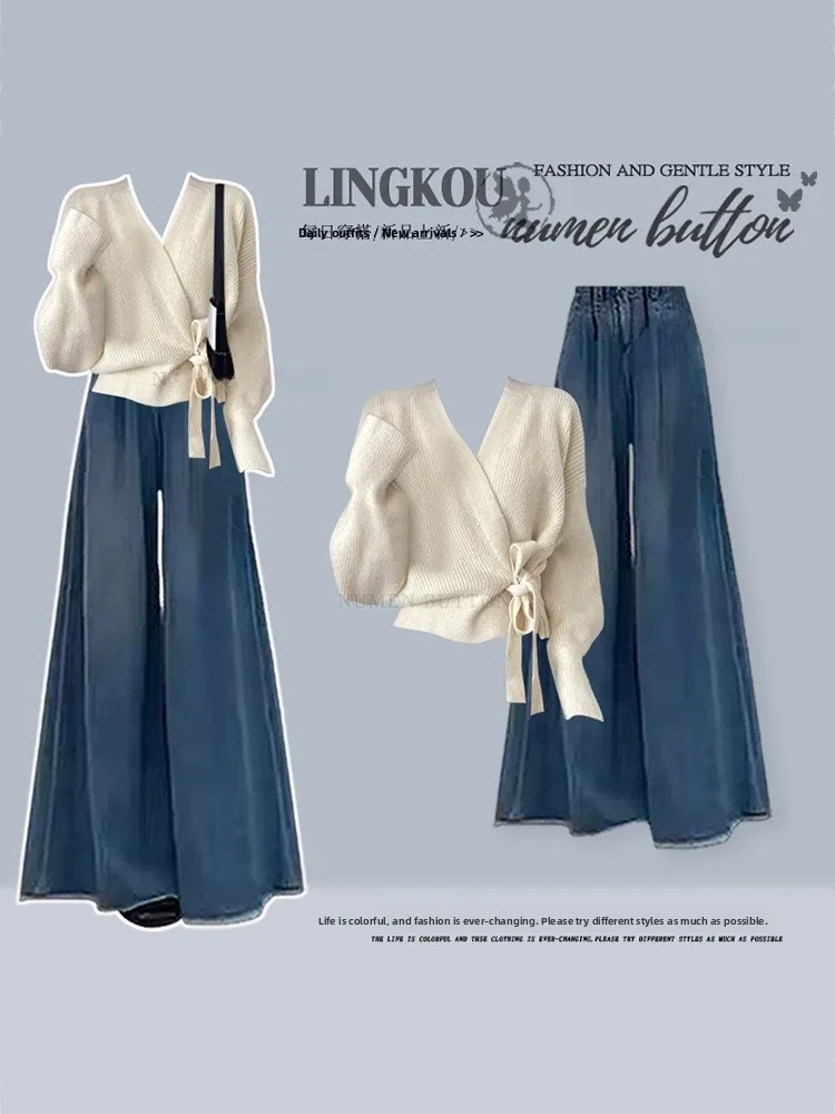 Korean Style Autumn Winter plus Size Knitted Set Women's Maturity Fashion Slimming Wide Leg Jeans Two Piece Set High Waist
Korean Style Autumn Winter plus Size Knitted Set Women's Maturity Fashion Slimming Wide Leg Jeans Two Piece Set High Waist
