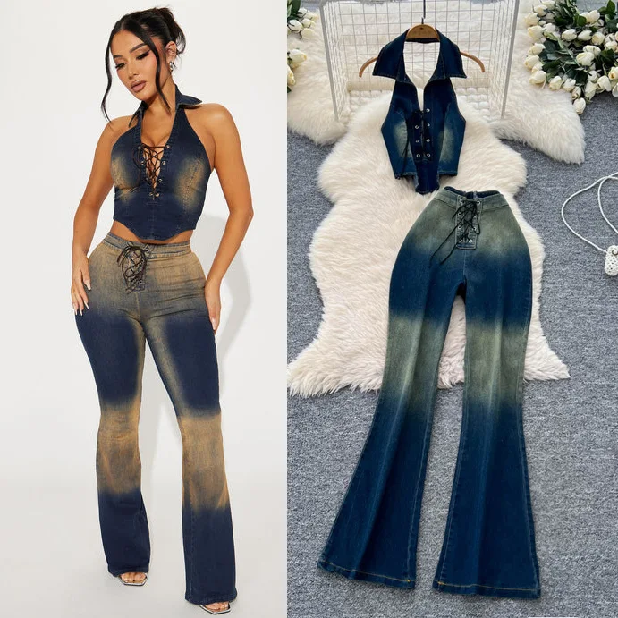 Women's Summer Retro Cool Spicy Sleeveless Vest & High Waist Slim Trousers Gradual Color Strap Denim Suit
Women's Summer Retro Cool Spicy Sleeveless Vest & High Waist Slim Trousers Gradual Color Strap Denim Suit