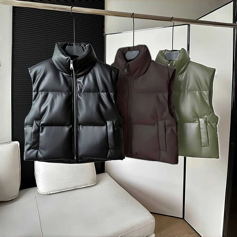 PU Leather Down Cotton Vest Women Autumn/Winter New High Collar Zipper Pockets Thick Warm Waistcoat Vintage Sleeveless Jackets
PU Leather Down Cotton Vest Women Autumn/Winter New High Collar Zipper Pockets Thick Warm Waistcoat Vintage Sleeveless Jackets