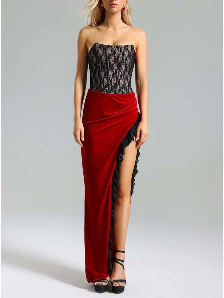 Sexy Strapless Lace Patchwork Split Ruffles Maxi Dresses for Women Velvet Sleeveless Bodycon Elegant Evening Party Dress Gowns
Sexy Strapless Lace Patchwork Split Ruffles Maxi Dresses for Women Velvet Sleeveless Bodycon Elegant Evening Party Dress Gowns