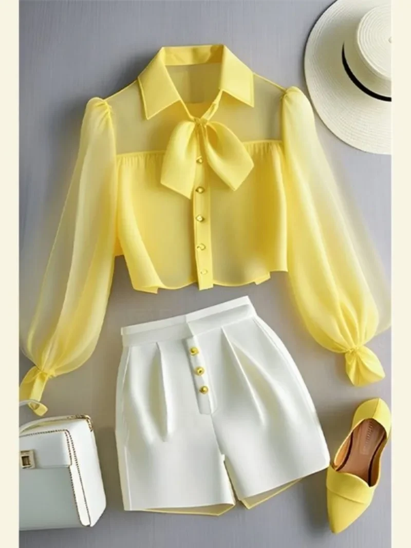 Chiffon Yellow Lapel Neck Perspective Top OL Shirt White Casual Pants Sets 2 Piece Womens Outfits Spring Summer Suit Blouse
Chiffon Yellow Lapel Neck Perspective Top OL Shirt White Casual Pants Sets 2 Piece Womens Outfits Spring Summer Suit Blouse