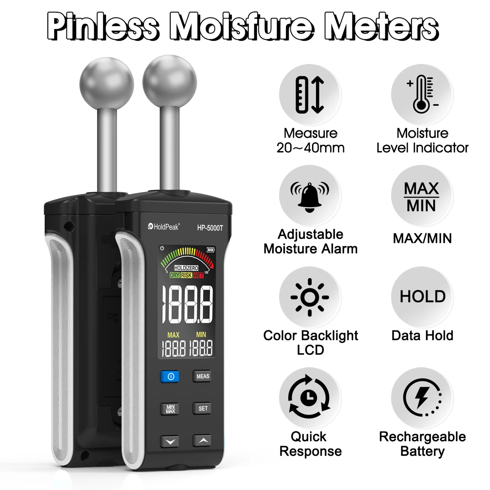 Pinless Wood Moisture Meter Non-Destructive Timber Damp Detector LCD Digital Hygrometer Humidity Tester with Alarm Function
Pinless Wood Moisture Meter Non-Destructive Timber Damp Detector LCD Digital Hygrometer Humidity Tester with Alarm Function