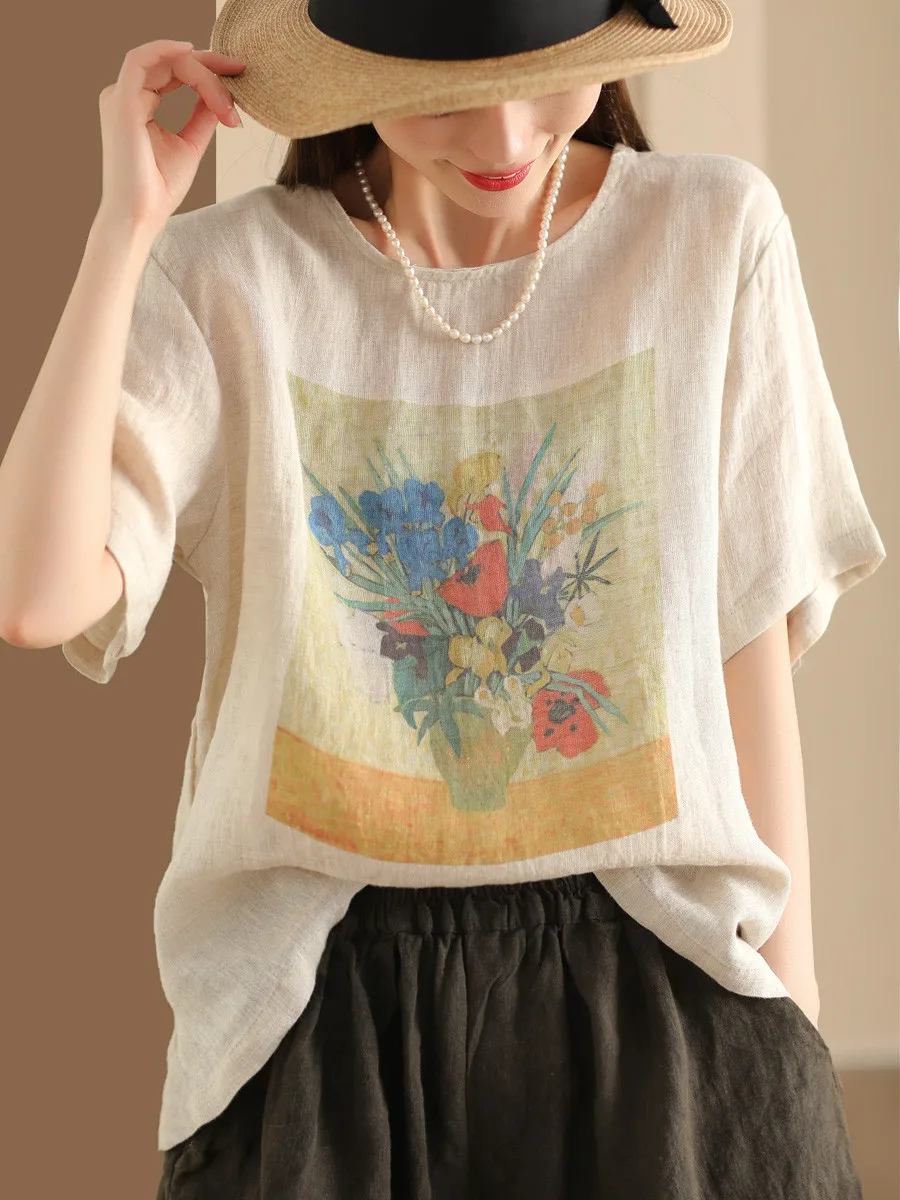 Retro Cotton Linen Printed Short-sleeved T-shirt Women's Summer Thin Loose Thin Tops Tees Kimono Mujer Oversized Harajuku
Retro Cotton Linen Printed Short-sleeved T-shirt Women's Summer Thin Loose Thin Tops Tees Kimono Mujer Oversized Harajuku