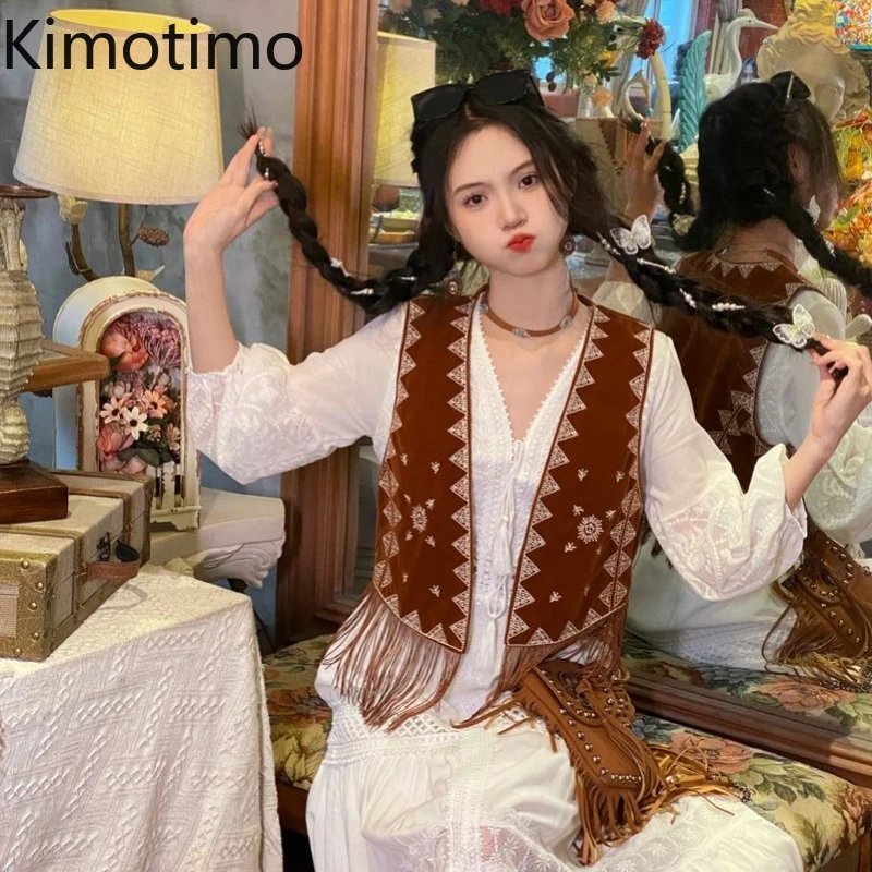 Kimotimo винтажный коричневый жилет с вышивкой и кисточками, женский осенний новый кардиган без рукавов, пальто, модный универсальный укороченный топ
Kimotimo винтажный коричневый жилет с вышивкой и кисточками, женский осенний новый кардиган без рукавов, пальто, модный универсальный укороченный топ