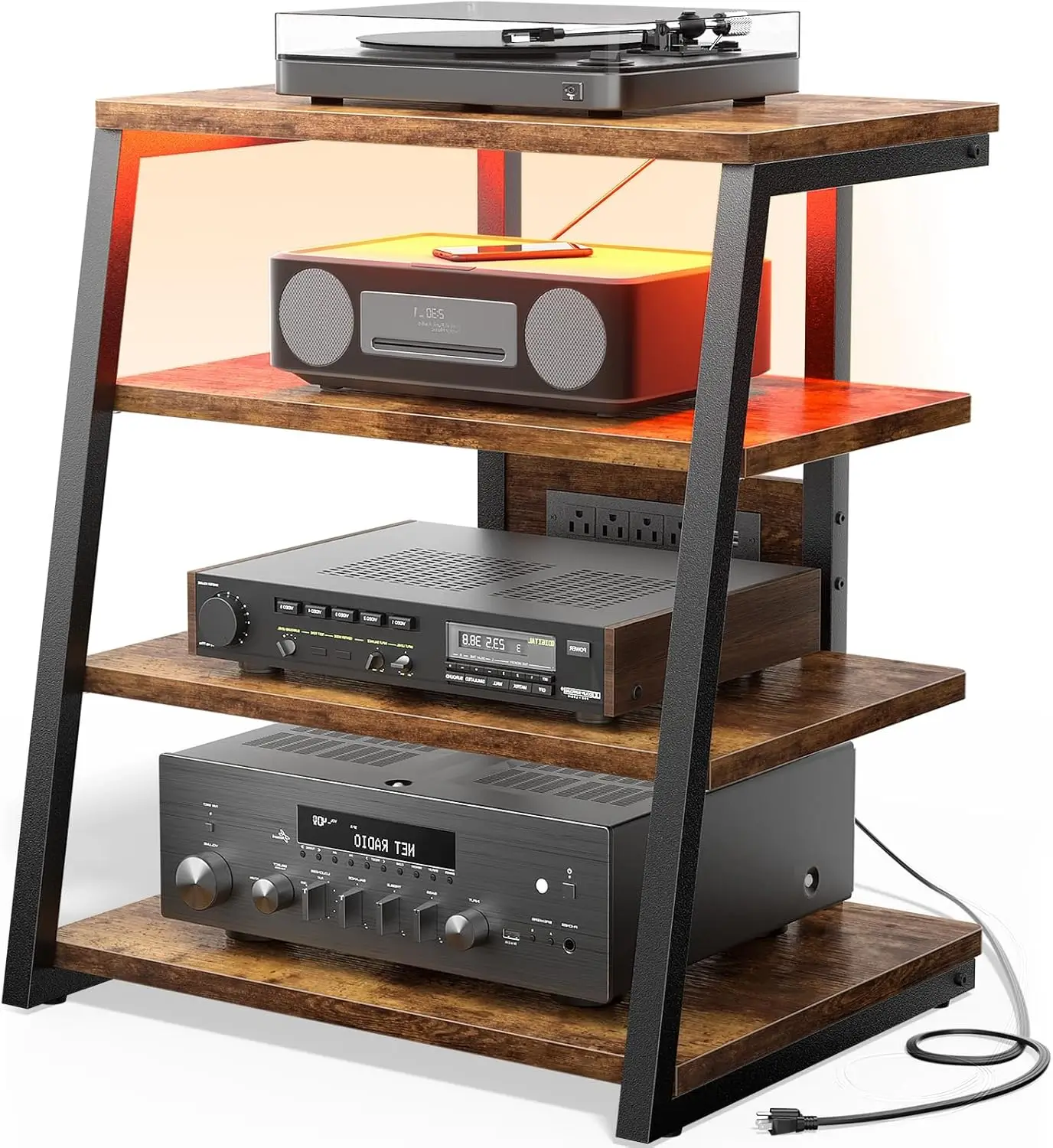 Rustic Brown 4-Tier Media Stand with Outlets, Vinyl Storage, and LED Lights for Turntables and Audio Equipment
Rustic Brown 4-Tier Media Stand with Outlets, Vinyl Storage, and LED Lights for Turntables and Audio Equipment