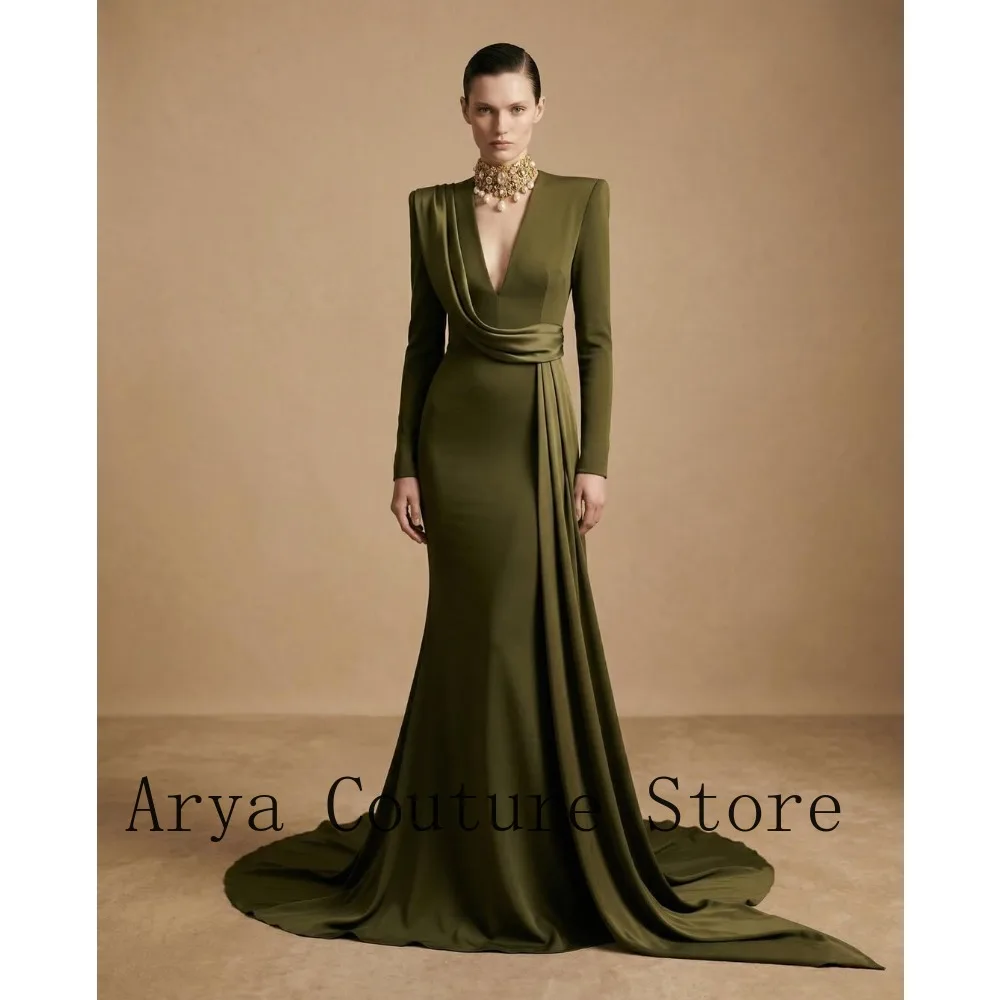 Olive Green Deep V Neck Stand Collar Padded Shoulder Long Sleeve Draped Waist Sash Heavy Satin Mermaid Sweep Train High Fashion
Olive Green Deep V Neck Stand Collar Padded Shoulder Long Sleeve Draped Waist Sash Heavy Satin Mermaid Sweep Train High Fashion