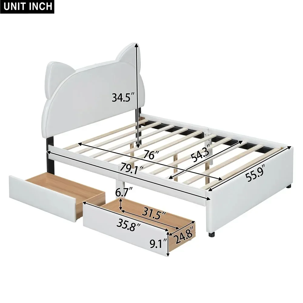 Full Cute Platform Bed with Cartoon Cat Ear Headboard, Modern Wooden Upholstered Bed Frame with 2 Drawers for Kids
Full Cute Platform Bed with Cartoon Cat Ear Headboard, Modern Wooden Upholstered Bed Frame with 2 Drawers for Kids