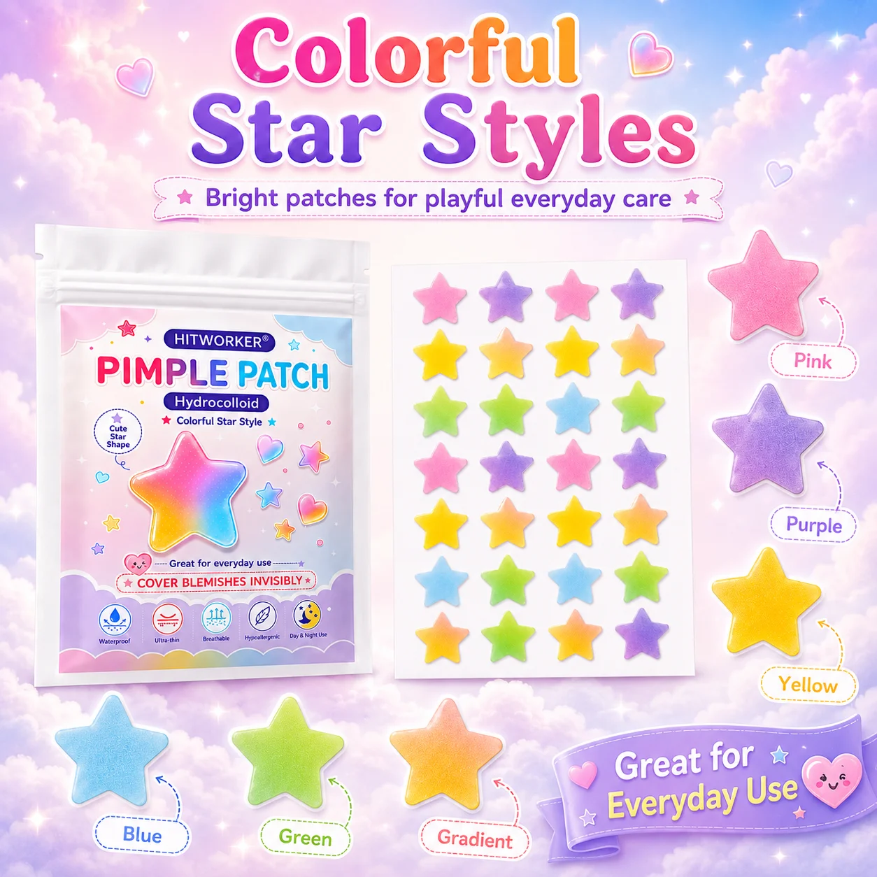 HITWORKER 28Pcs Cute Star Pimple Patches Multi Color Hydrocolloid Blemish Stickers Hypoallergenic Waterproof Face Care
HITWORKER 28Pcs Cute Star Pimple Patches Multi Color Hydrocolloid Blemish Stickers Hypoallergenic Waterproof Face Care