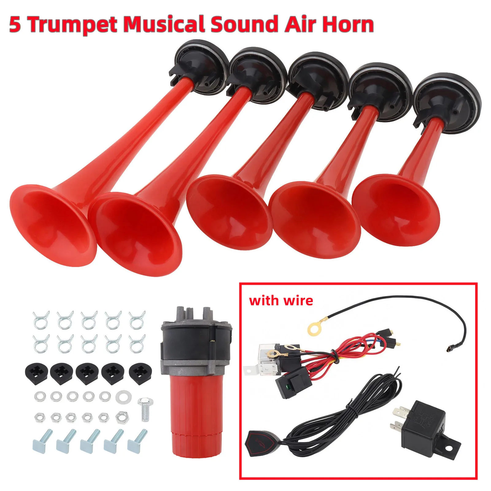 125dB Full Complete System 5 Trumpet Musical Sound Air Horns with Compressor, Wiring Harness, Button
125dB Full Complete System 5 Trumpet Musical Sound Air Horns with Compressor, Wiring Harness, Button