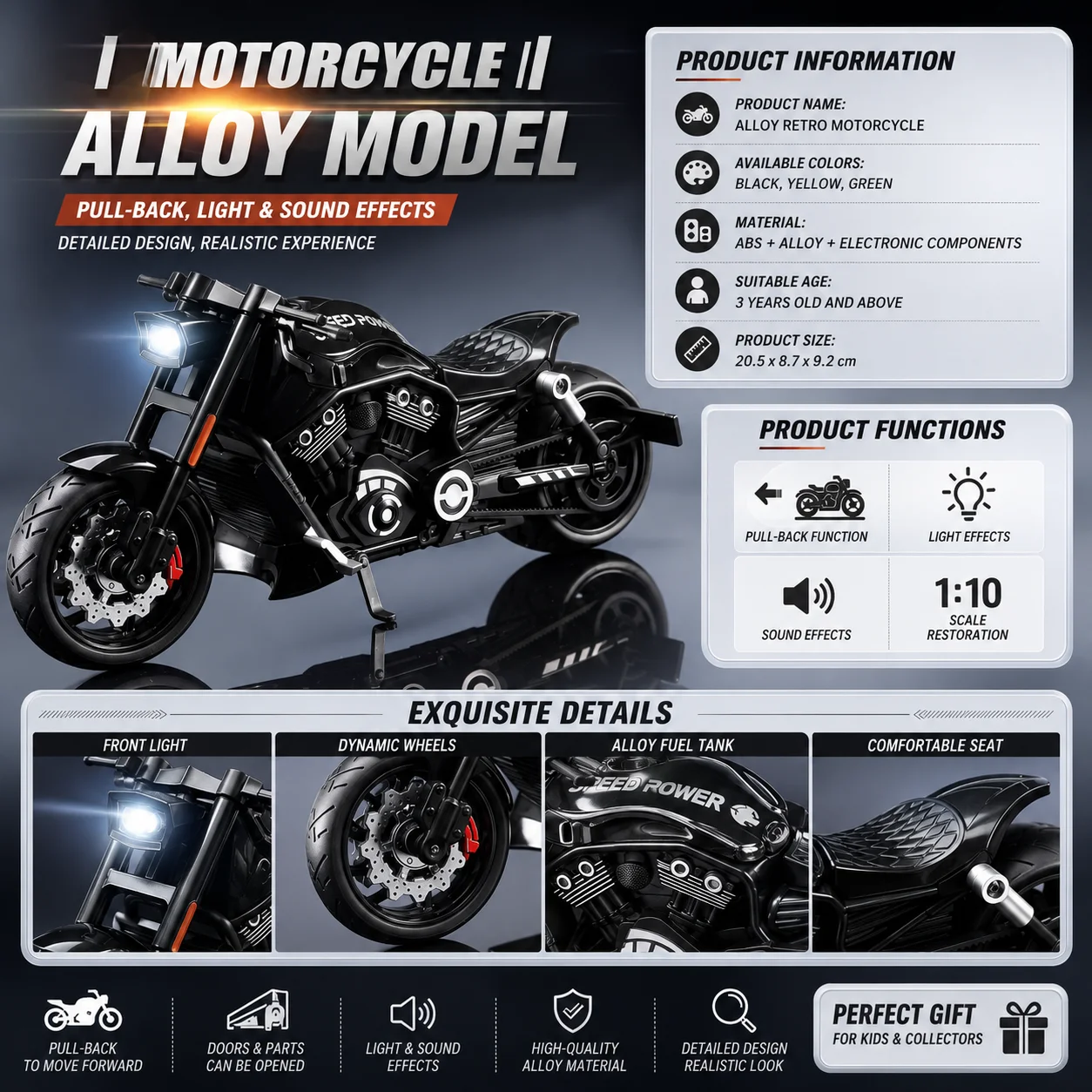 1:10 Vintage Harley Alloy Motorcycle Model Cool Sound Light Smooth Gliding Fine Collectible Toy Ideal Gift For Boys
1:10 Vintage Harley Alloy Motorcycle Model Cool Sound Light Smooth Gliding Fine Collectible Toy Ideal Gift For Boys