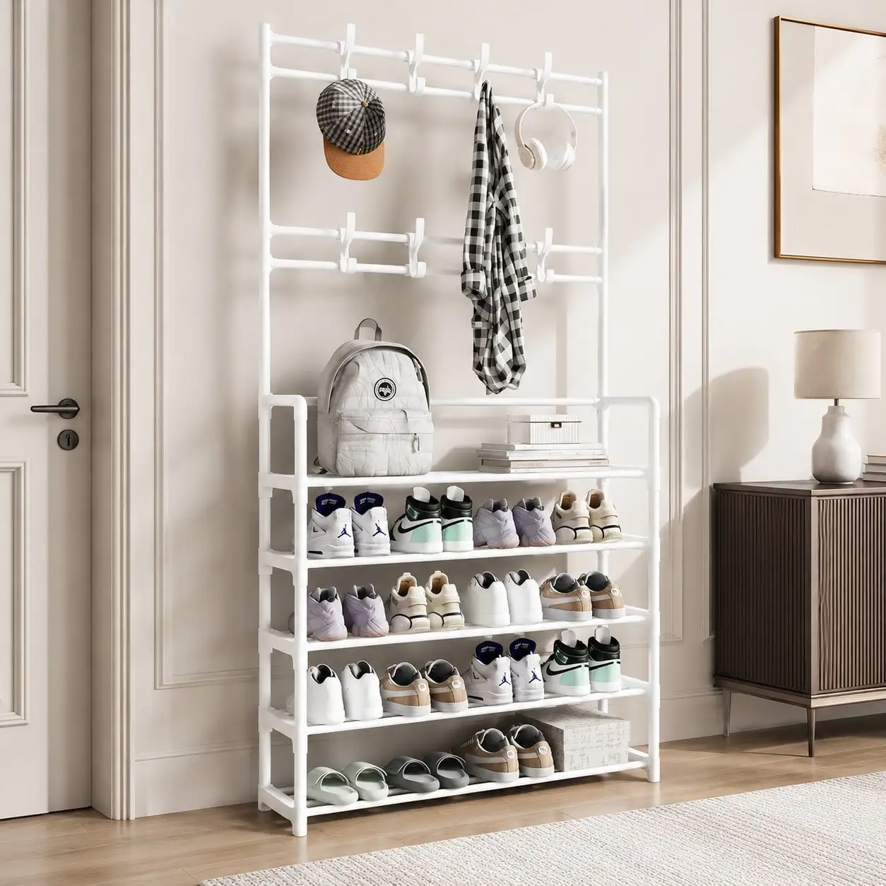 Multi-Functional Shoe Rack With Coat Hooks, 5-Tier Freestanding Shoe Shelf For Entryway, Heavy-Duty Shoe Organizer For Sneakers, Bags, Hats & Keys, Metal Frame, Space-Saving For Hallway, Closet & Bedroom
Multi-Functional Shoe Rack With Coat Hooks, 5-Tier Freestanding Shoe Shelf For Entryway, Heavy-Duty Shoe Organizer For Sneakers, Bags, Hats & Keys, Metal Frame, Space-Saving For Hallway, Closet & Bedroom