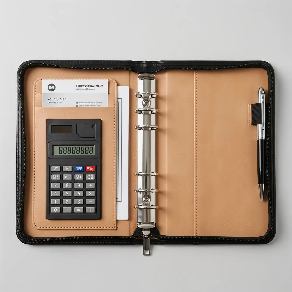 6-Ring File Folder PU Leather A6 Work Record Book with Calculator Card Holder Loose Leaf Notebook Document Storage
6-Ring File Folder PU Leather A6 Work Record Book with Calculator Card Holder Loose Leaf Notebook Document Storage