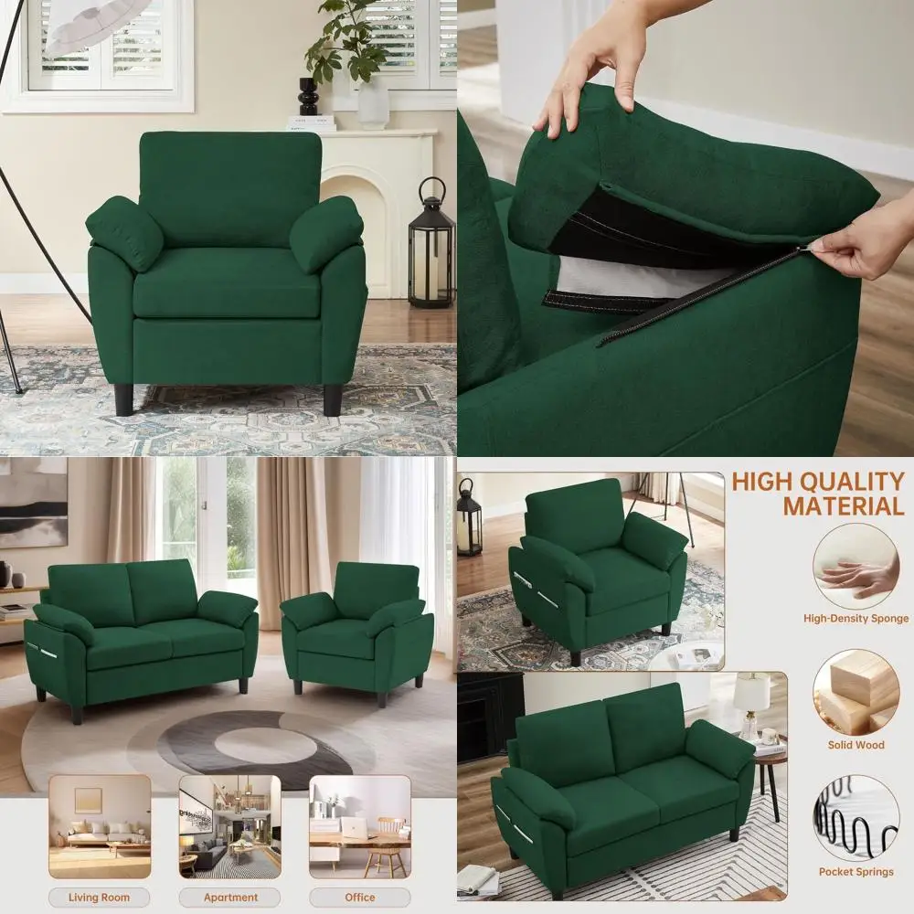 Двухместный зеленый диван-комплект: диван-софа и кресло с широкими подлокотниками и боковыми карманами
Двухместный зеленый диван-комплект: диван-софа и кресло с широкими подлокотниками и боковыми карманами