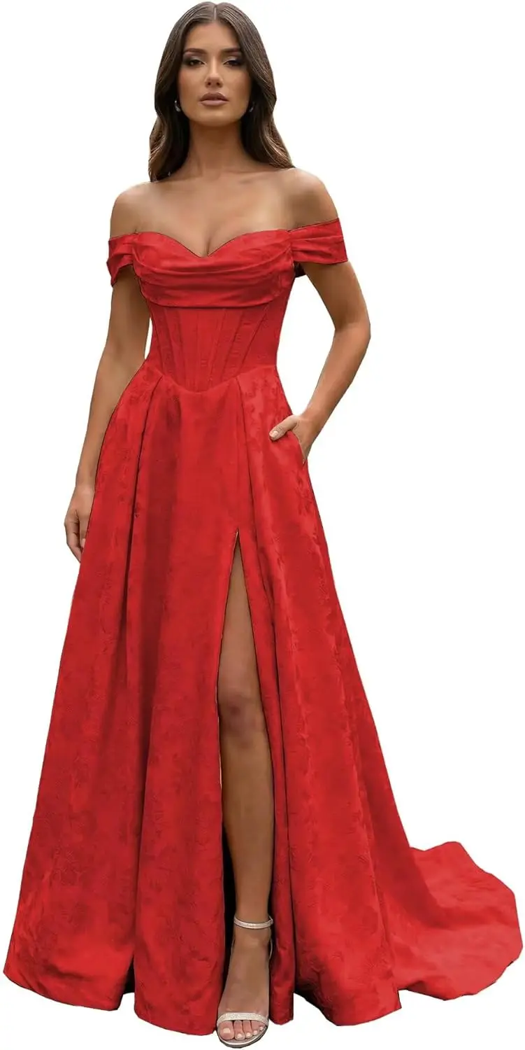 Long Formal Gowns Jacquard Satin Prom Dresses Off The Shoulder Corset A Line Party Evening Gown Formal Dress Women Elegant
Long Formal Gowns Jacquard Satin Prom Dresses Off The Shoulder Corset A Line Party Evening Gown Formal Dress Women Elegant