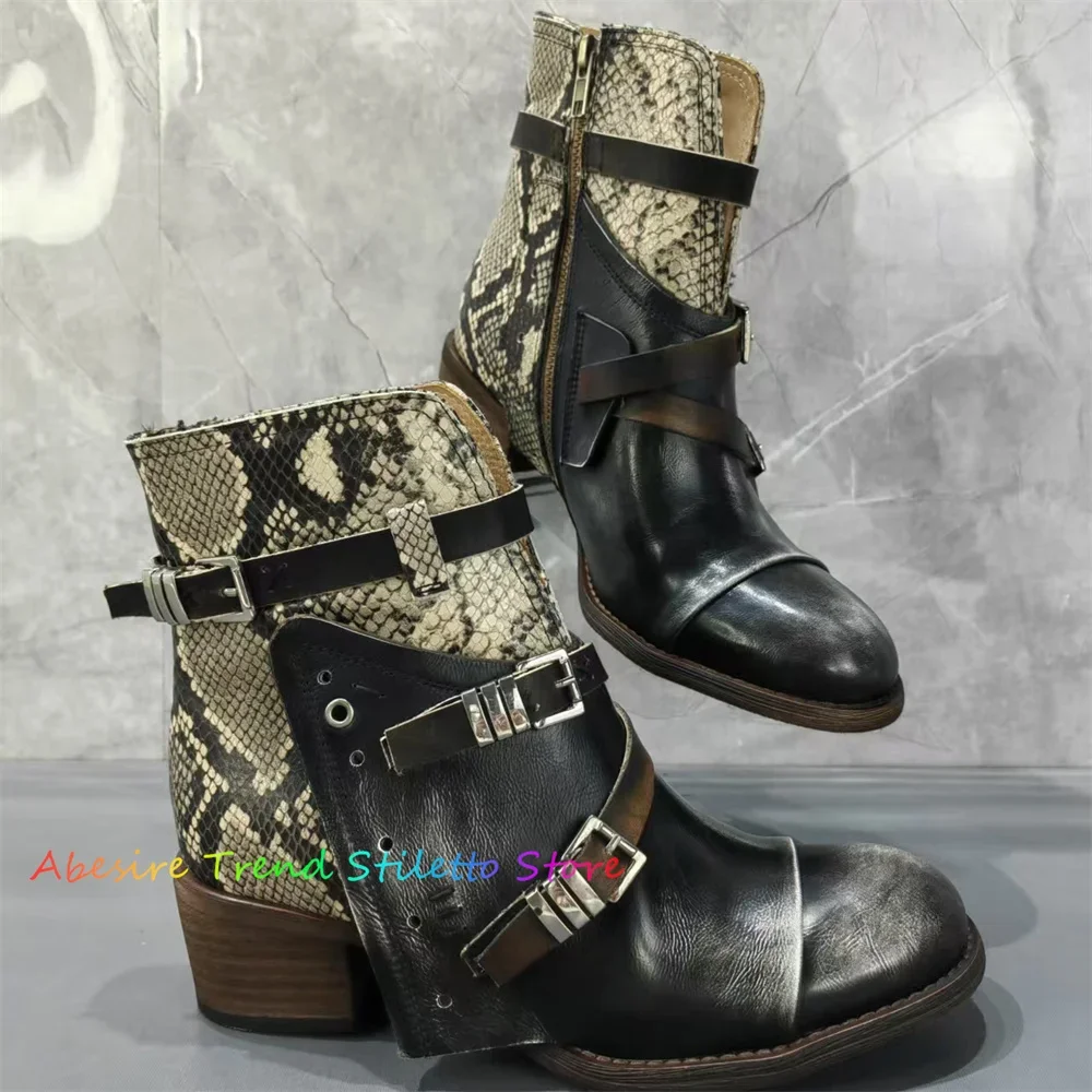 Snake Skin Pattern Belt Buckle Western Boots Women Round Toe Genuine Leather Vintage Side Zipper Make Used Women's Shoes 
Snake Skin Pattern Belt Buckle Western Boots Women Round Toe Genuine Leather Vintage Side Zipper Make Used Women's Shoes