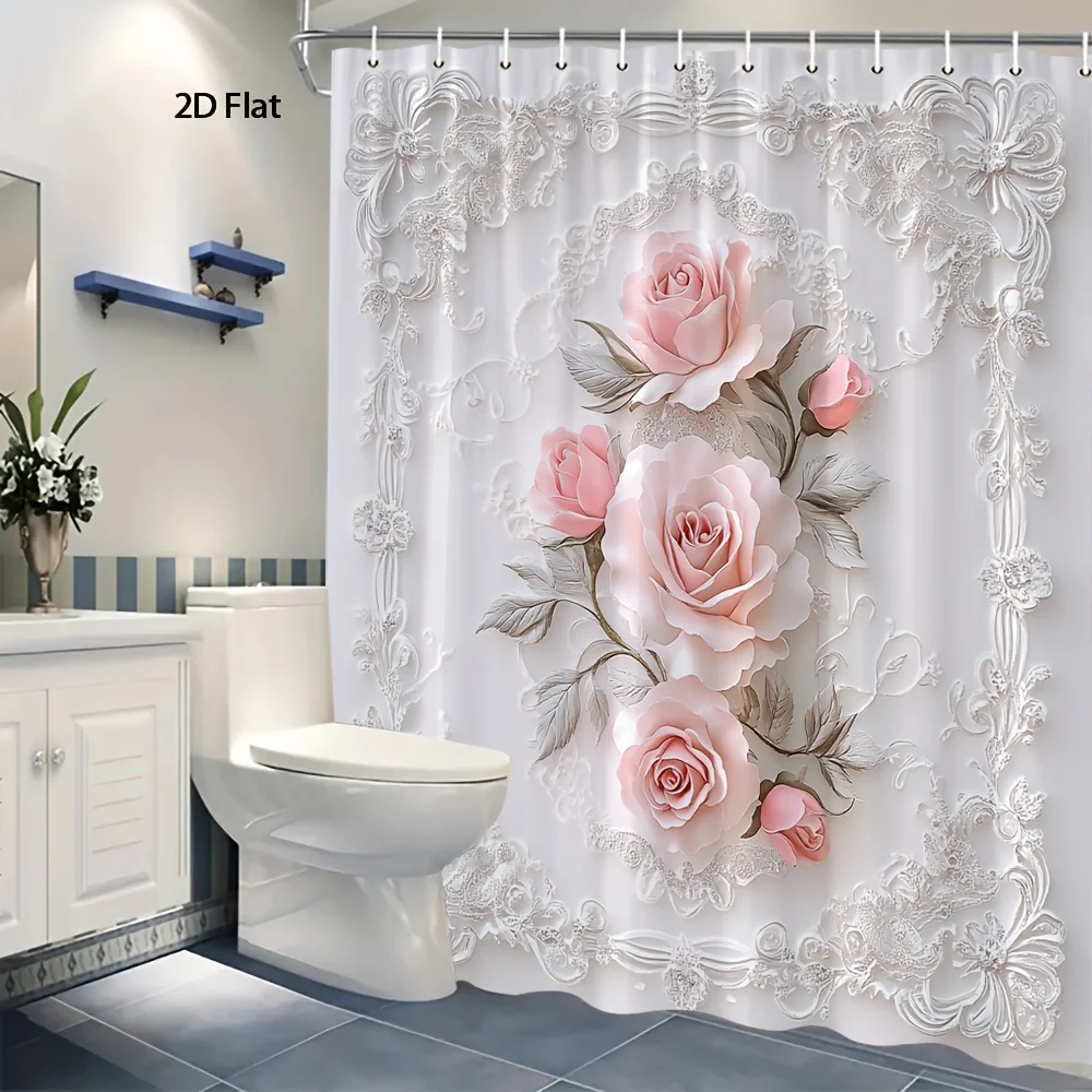 2D Shower Curtain Pink Roses Silver Leaves Lace Pattern Delicate Floral Soft Colors Vintage Romantic Elegant Style with Hooks
2D Shower Curtain Pink Roses Silver Leaves Lace Pattern Delicate Floral Soft Colors Vintage Romantic Elegant Style with Hooks