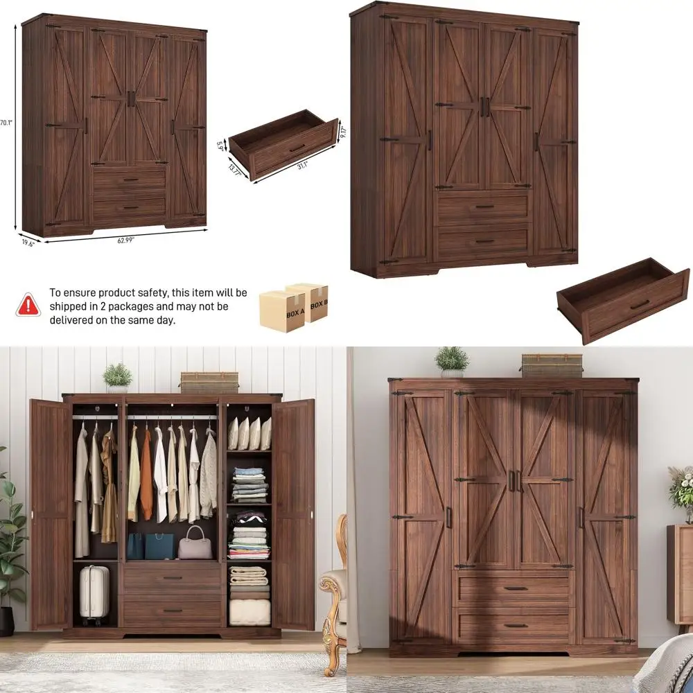 4-Door Wooden Armoire with Hanging Rod and Shelves for Bedroom Storage, Brown
4-Door Wooden Armoire with Hanging Rod and Shelves for Bedroom Storage, Brown