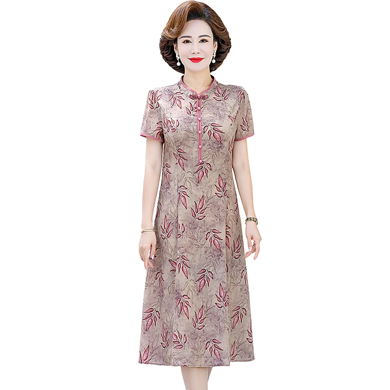 Cheongsam Dress Middle-aged Womens Summer Floral Print Dress silk Short Sleeve Dresses Casual Slim Woman Vestidos
Cheongsam Dress Middle-aged Womens Summer Floral Print Dress silk Short Sleeve Dresses Casual Slim Woman Vestidos