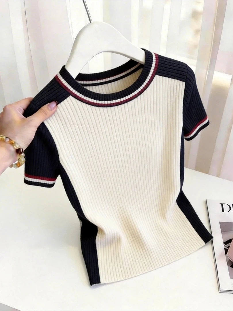Slim Fit Short Sleeve Knitted T-Shirt Women's Summer Thin Style Ageless Base Layer Top Color Block Elasticity Breathable Skin...
Slim Fit Short Sleeve Knitted T-Shirt Women's Summer Thin Style Ageless Base Layer Top Color Block Elasticity Breathable Skin...