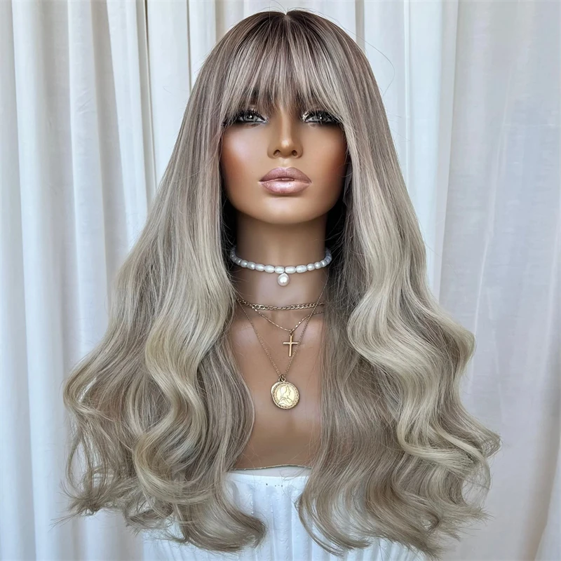Glueless Ombre Silver Ash Blonde Synthetic Lace Front Wig with Bangs Long Soft Natural Wave Wig Human Hair Blend Synthetic Hair
Glueless Ombre Silver Ash Blonde Synthetic Lace Front Wig with Bangs Long Soft Natural Wave Wig Human Hair Blend Synthetic Hair