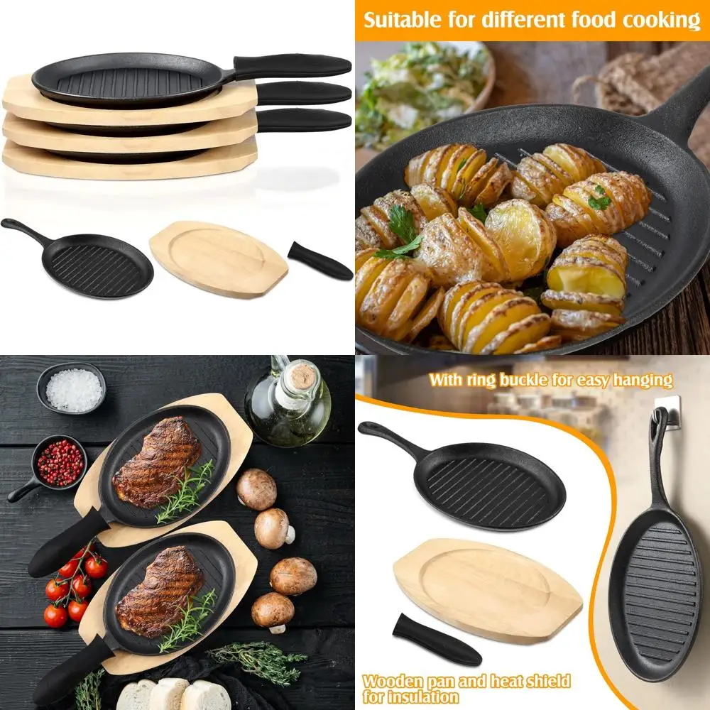 Triple Set Pre-Seasoned Cast Iron Skillets with Wooden Stands and Silicone Mitts, Heavy Duty Fajita Pans, Black
Triple Set Pre-Seasoned Cast Iron Skillets with Wooden Stands and Silicone Mitts, Heavy Duty Fajita Pans, Black