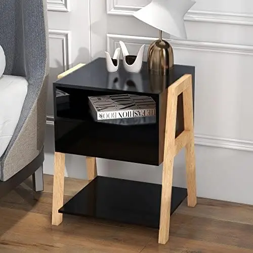 Modern Nightstand with Drawer and 2 Open Shelves, High Gloss Bedside with & Trapezoid Rubberwood Leg Frame, Sofa Side End
Modern Nightstand with Drawer and 2 Open Shelves, High Gloss Bedside with & Trapezoid Rubberwood Leg Frame, Sofa Side End