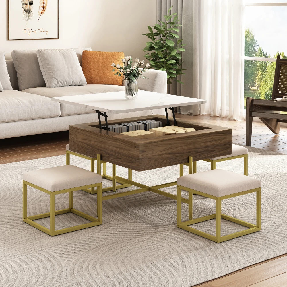Modern Square Lift-Top Coffee Table Set with Storage & 4 Ottomans White & Walnut
Modern Square Lift-Top Coffee Table Set with Storage & 4 Ottomans White & Walnut