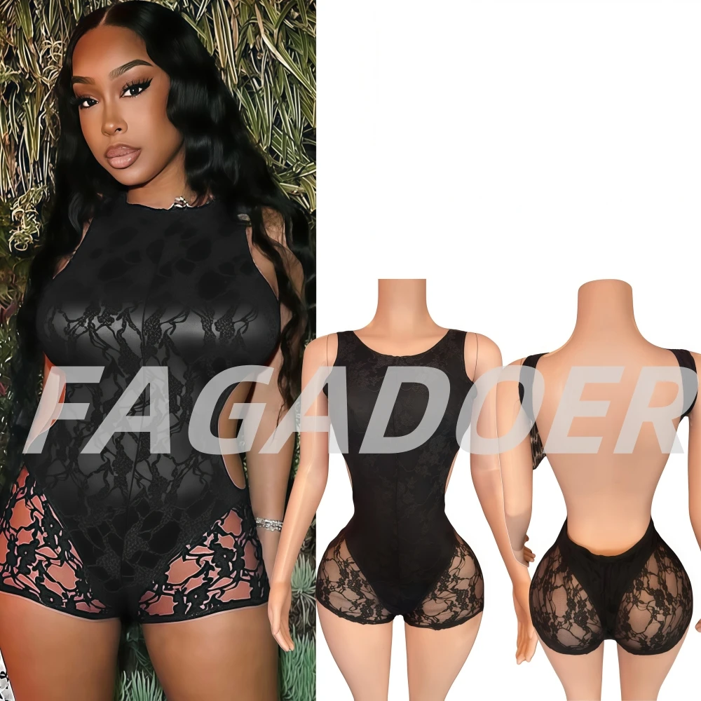 FAGADOER Sexy Lace Patchwork Bodycon Rompers Woman See Through Sleeveless Backless Jumpsuits Female Streetwear Overalls Summer
FAGADOER Sexy Lace Patchwork Bodycon Rompers Woman See Through Sleeveless Backless Jumpsuits Female Streetwear Overalls Summer