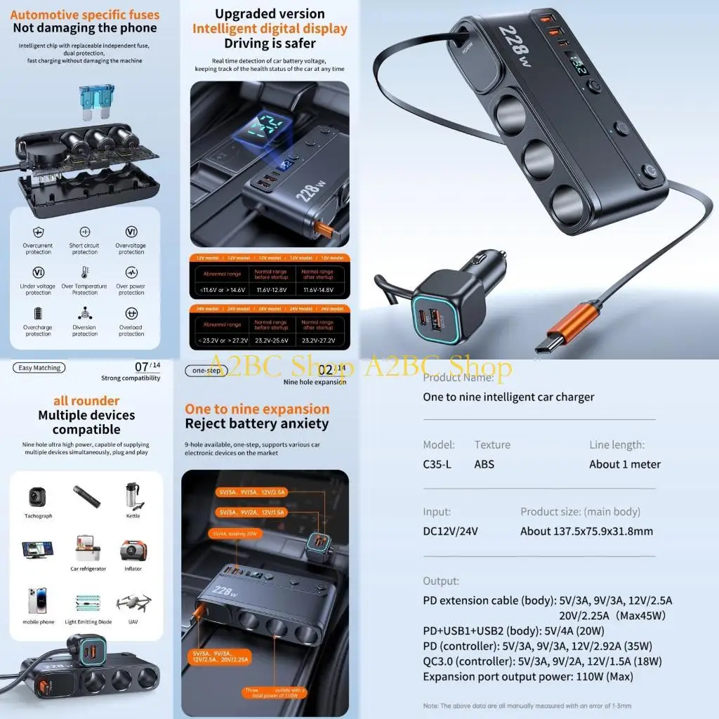 A2BC Automotive USB C Chargers 228W 9 in 1 Design QC3.0 PD45W Fast Telescopic Cable LED Electric Monitor for Vehicles
A2BC Automotive USB C Chargers 228W 9 in 1 Design QC3.0 PD45W Fast Telescopic Cable LED Electric Monitor for Vehicles