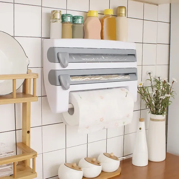 Kitchen Roll Dispenser Paper Roll Holder Plastic Wrap Film Foil Paper Organizer w/ Cutter Wall Mounted for Kitchen Bathroom
Kitchen Roll Dispenser Paper Roll Holder Plastic Wrap Film Foil Paper Organizer w/ Cutter Wall Mounted for Kitchen Bathroom