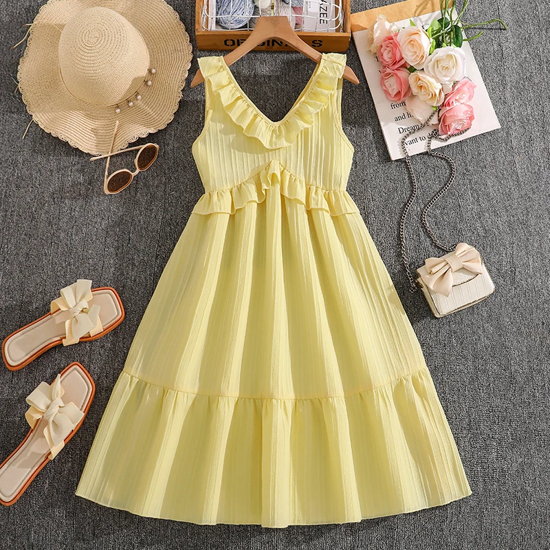 Girls 8-12 Sweet Yellow Dress, Front Ruffled V-Neck Sleeveless Tiered Hem/Back Plain Elastic Waist, Casual Daily Kids Outfit
Girls 8-12 Sweet Yellow Dress, Front Ruffled V-Neck Sleeveless Tiered Hem/Back Plain Elastic Waist, Casual Daily Kids Outfit