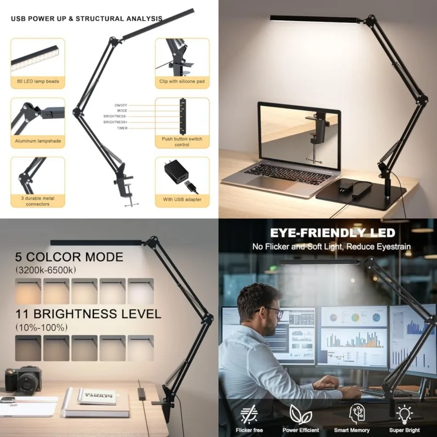 LED Desk Lamp for Home Office and Round Base, Clamp-On with 5 Light Modes and Auto Shut Off 14W Adjustable Brightness 5000K Eye
LED Desk Lamp for Home Office and Round Base, Clamp-On with 5 Light Modes and Auto Shut Off 14W Adjustable Brightness 5000K Eye