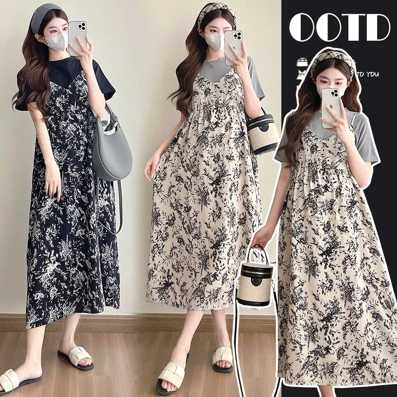 Новая футболка для беременных + платье с бретелькой на шее с цветочным принтом, платье для беременных, летнее двухсекционное платье для беременных, футболка для беременных, комплект с короткими рукавами 
Новая футболка для беременных + платье с бретелькой на шее с цветочным принтом, платье для беременных, летнее двухсекционное платье для беременных, футболка для беременных, комплект с короткими рукавами