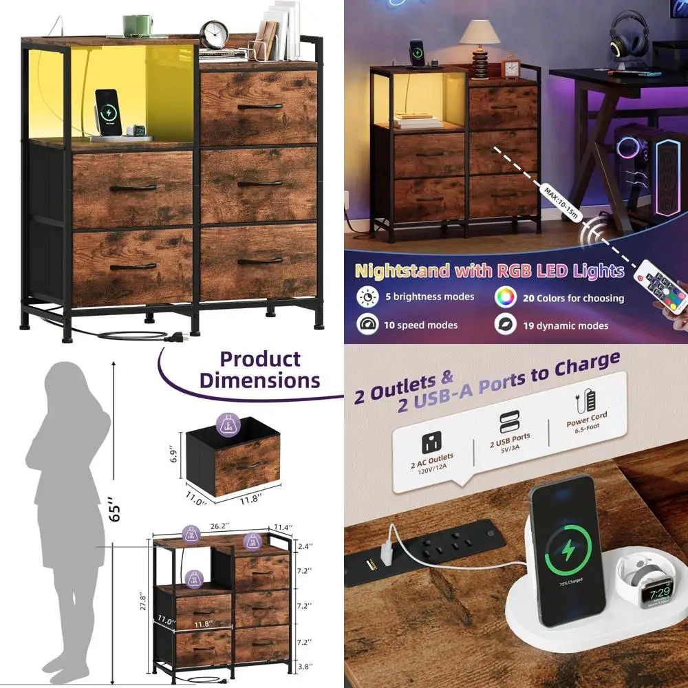 Прикроватная тумбочка для зарядной станции со светодиодной подсветкой, широкий комод с 5 ящиками для спальни с тканевыми ящиками и открытыми стеллажами
Прикроватная тумбочка для зарядной станции со светодиодной подсветкой, широкий комод с 5 ящиками для спальни с тканевыми ящиками и открытыми стеллажами