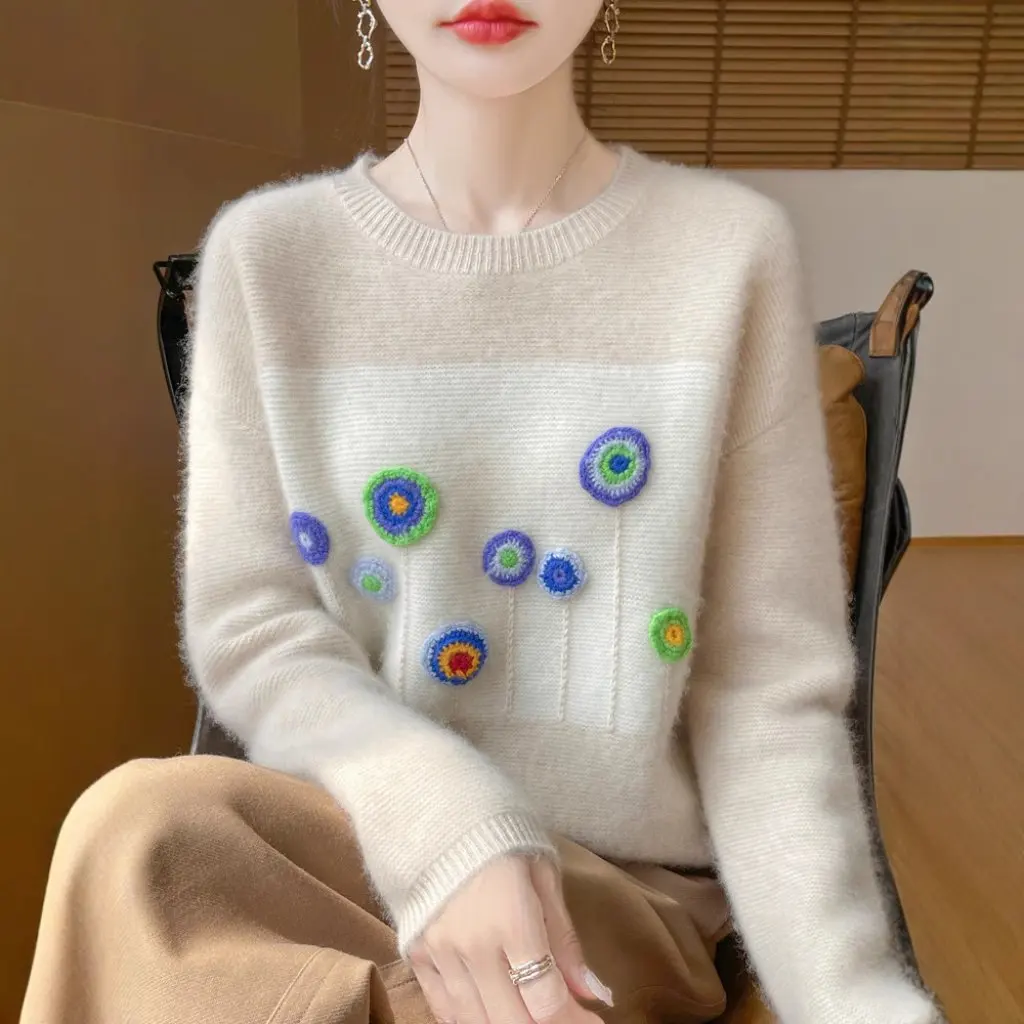 Женский вязаный крючком свитер в корейском стиле с вышивкой, свободный крой, утолщенный осенне-зимний свитер с круглым вырезом, контрастный цвет, 100% 
Женский вязаный крючком свитер в корейском стиле с вышивкой, свободный крой, утолщенный осенне-зимний свитер с круглым вырезом, контрастный цвет, 100%
