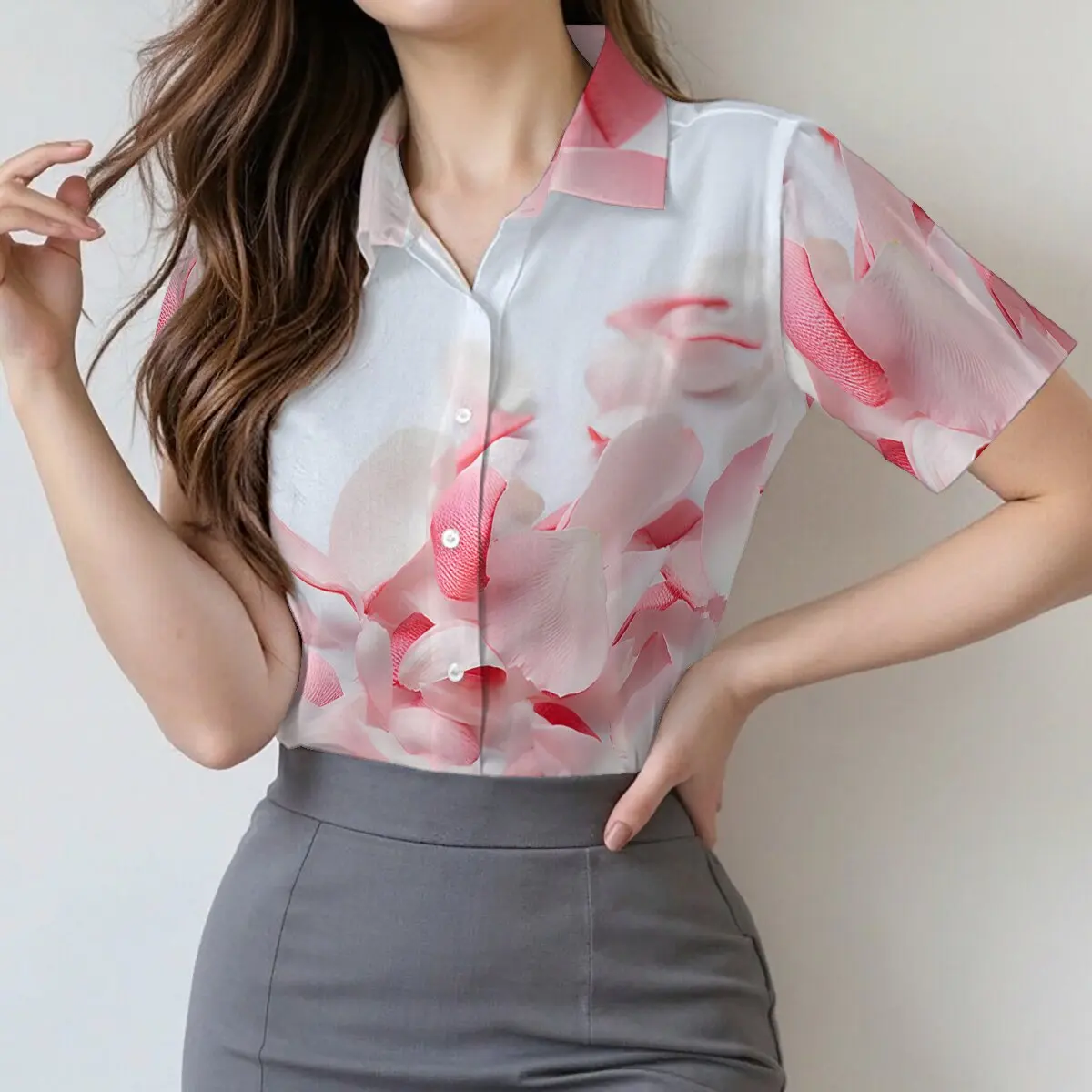 Women's summer petal print short-sleeve shirt, romantic and soft, perfect for dating, social gatherings and commuting.
Women's summer petal print short-sleeve shirt, romantic and soft, perfect for dating, social gatherings and commuting.