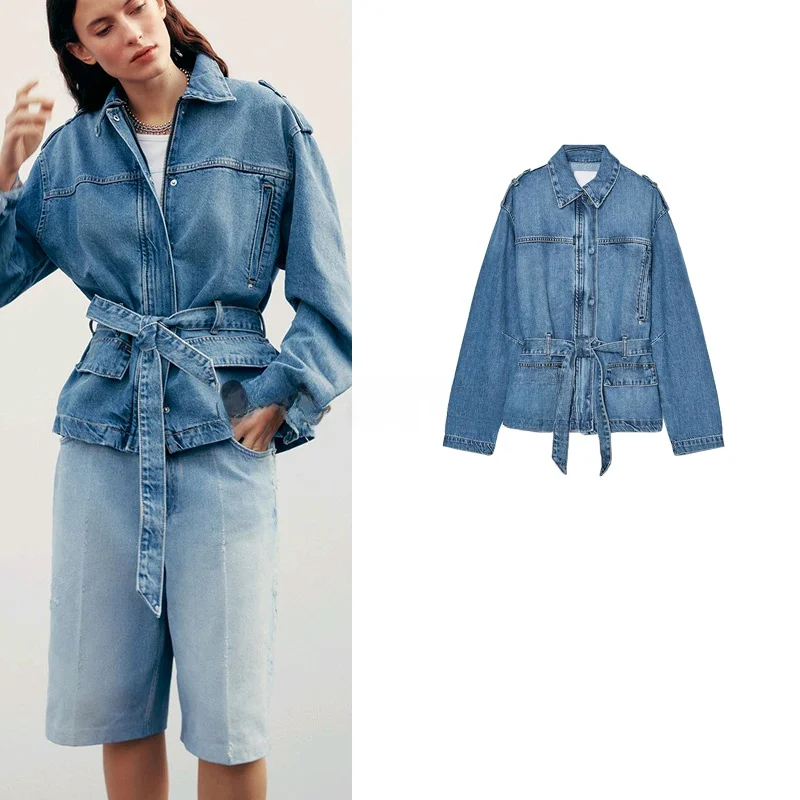 Spring New Arrival Women's Long Sve Denim Jaet with Belt Flip Collar Bule Decorated Outerwear Commute Sle Loose Fit
Spring New Arrival Women's Long Sve Denim Jaet with Belt Flip Collar Bule Decorated Outerwear Commute Sle Loose Fit