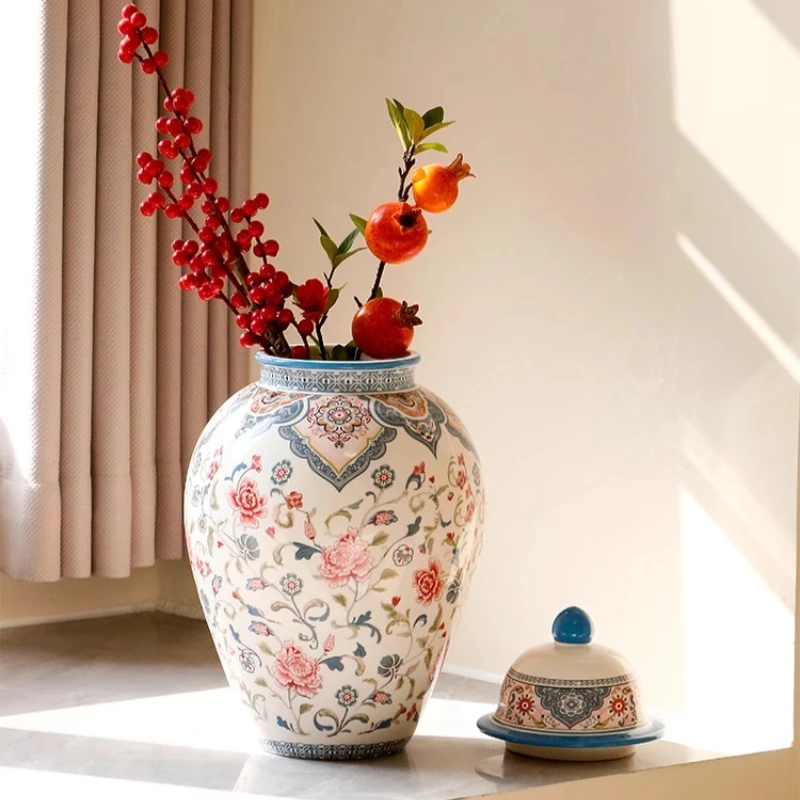 Classical ceramic general jar, creative twisted peony, new Chinese entrance decorative ornament, vase storage tank
Classical ceramic general jar, creative twisted peony, new Chinese entrance decorative ornament, vase storage tank