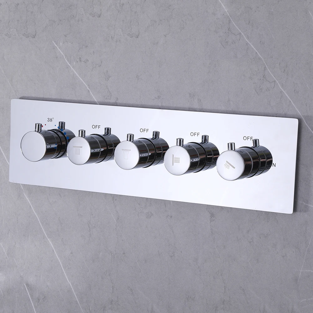 Chrome Thermostatic Shower Valve Brass Concealed In-Wall 4 Outlets Independent Control Diverter Mixing Valve for Shower System
Chrome Thermostatic Shower Valve Brass Concealed In-Wall 4 Outlets Independent Control Diverter Mixing Valve for Shower System