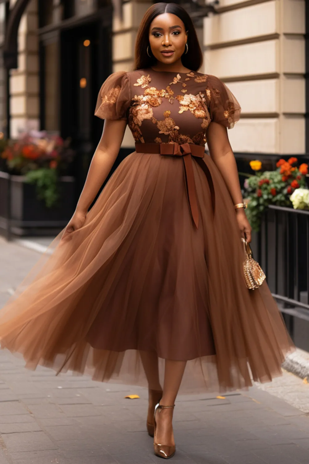 Plus Size Wedding Guest Brown Graphic Round Neck Puff Sleeve Short Sleeve Bow Tie Tulle Maxi Dresses
Plus Size Wedding Guest Brown Graphic Round Neck Puff Sleeve Short Sleeve Bow Tie Tulle Maxi Dresses